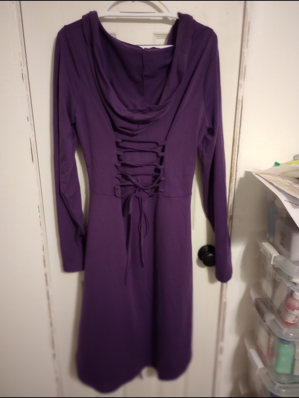 Source Unknown Purple Long-Sleeve Lace-Up Hooded Dress